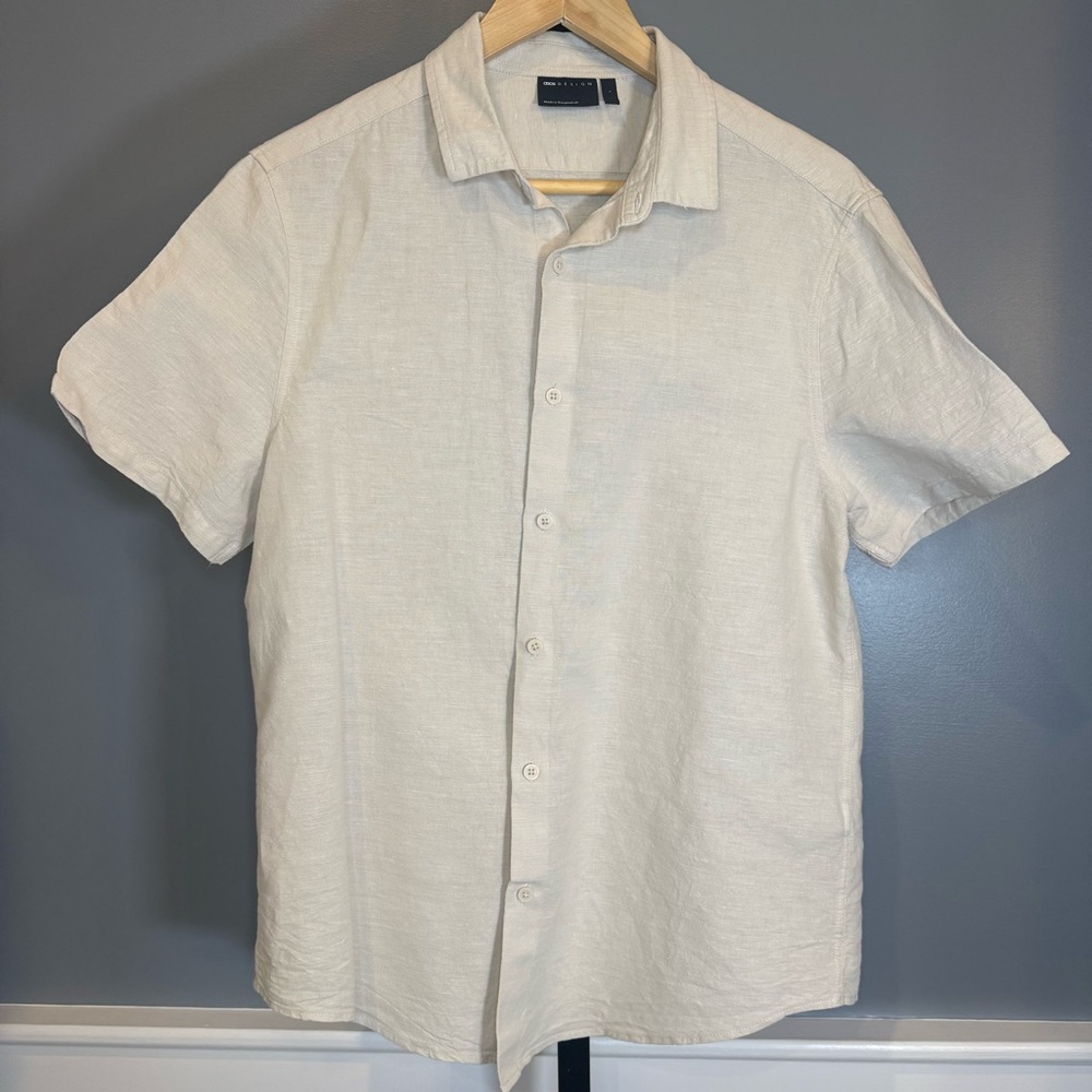 ASOS DESIGN Men’s Linen Blend Short Sleeve Button‎ Down Shirt Cream Size L